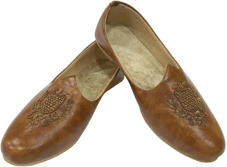 Men's Tan Wedding Sherwani Juttis Ethnic Slip-on Loafers Shoes Handmade Mojari Indian Punjabi Jooti