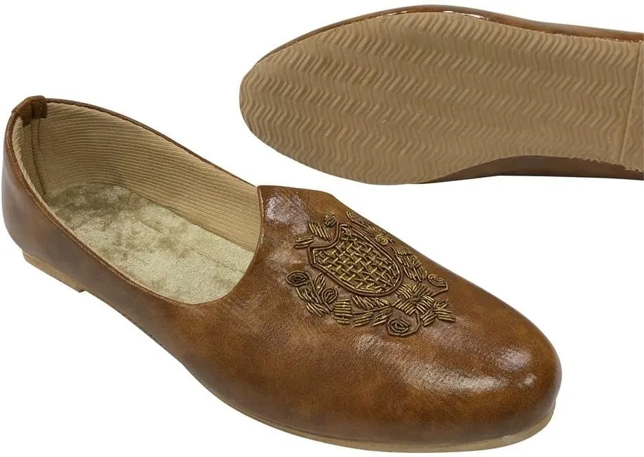 Men's Tan Wedding Sherwani Juttis Ethnic Slip-on Loafers Shoes Handmade Mojari Indian Punjabi Jooti
