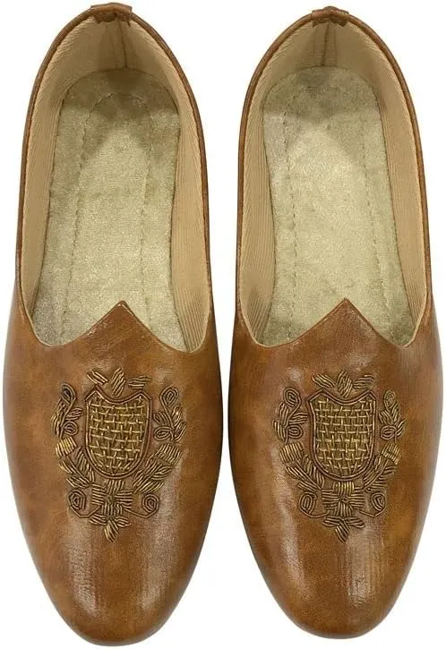 Men's Tan Wedding Sherwani Juttis Ethnic Slip-on Loafers Shoes Handmade Mojari Indian Punjabi Jooti