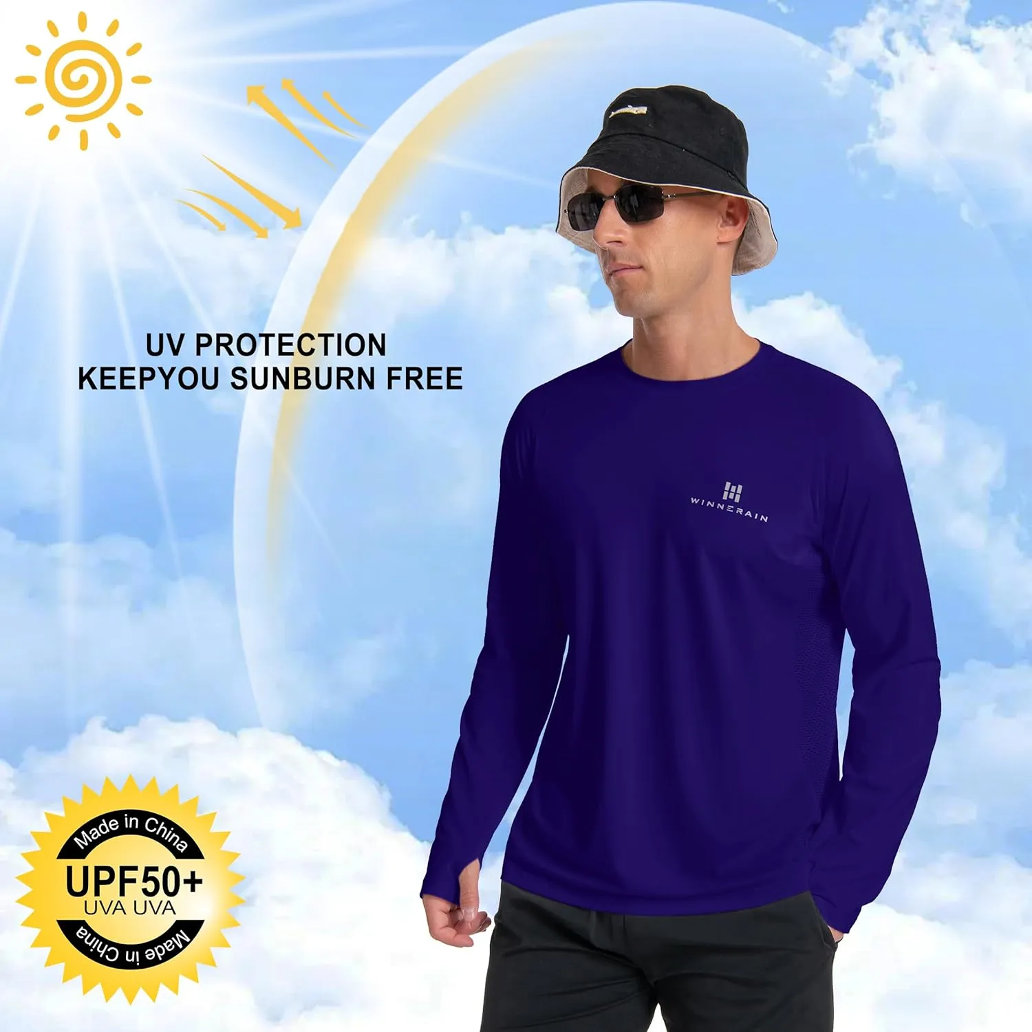 Men's UPF 50  Long Sleeve Loose-Fit Lightweight Sun Protection Fishing Hiking Running UV Shirt Rash Guard