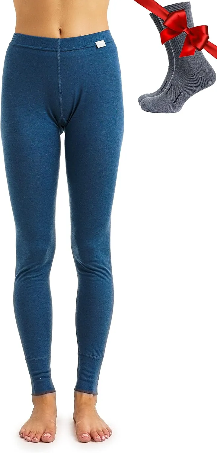 Merino Wool Base Layer Women Pants 100% Merino Wool Leggings Heavyweight, Midweight, Lite Thermal Underwear Bottom and Socks
