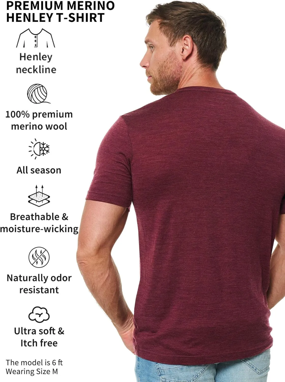 Merino Wool T-Shirt Mens - Short Sleeve Merino Wool Shirts for Men Sport Lightweight Thermal Base Layer Hiking Tshirt