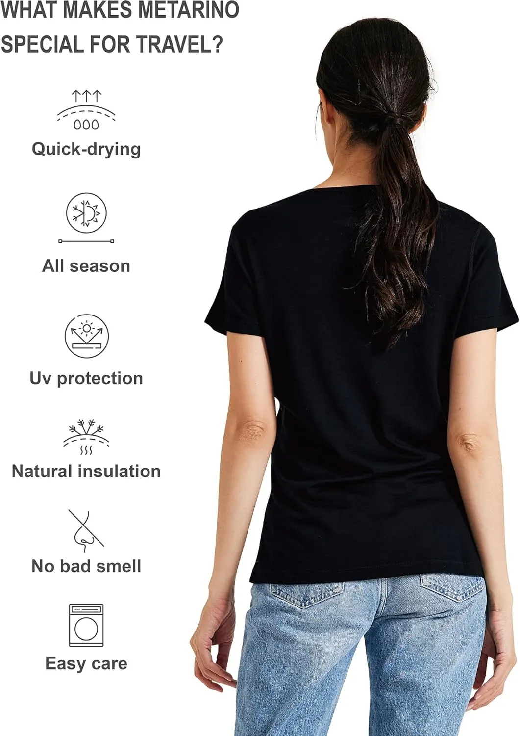 METARINO 100% Merino Wool T-Shirt Women,Short Sleeve Lightweight Crew Neck Base Layer Tee Shirt for Travel,Hiking