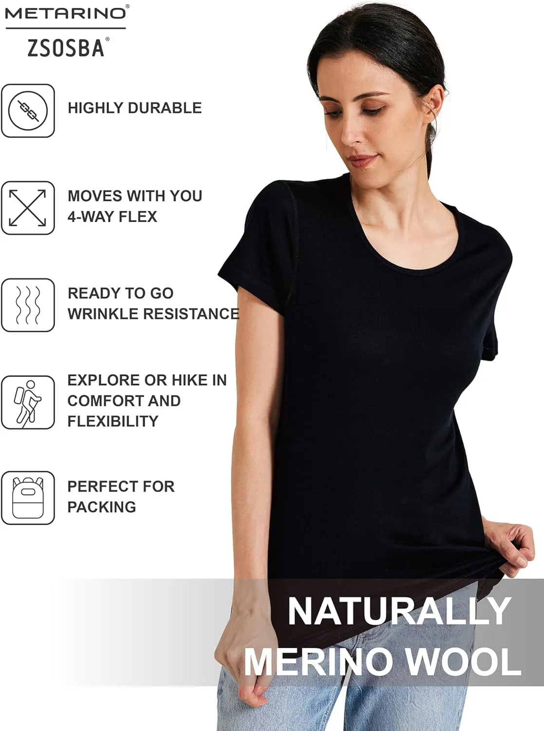 METARINO 100% Merino Wool T-Shirt Women,Short Sleeve Lightweight Crew Neck Base Layer Tee Shirt for Travel,Hiking