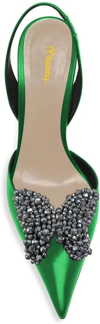 Milooey shoes Women Closed Pointed Toe Slip On Sandal Chic Rhinestone Butterfly Slingbacks Sexy Block High Heel Pump Party Prom Dress Shoes Size 4-16 Us