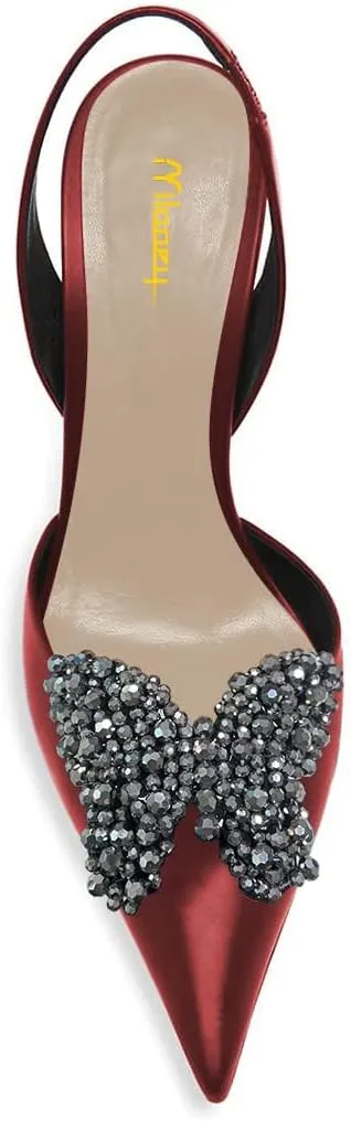 Milooey shoes Women Closed Pointed Toe Slip On Sandal Chic Rhinestone Butterfly Slingbacks Sexy Block High Heel Pump Party Prom Dress Shoes Size 4-16 Us