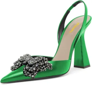 Milooey shoes Women Closed Pointed Toe Slip On Sandal Chic Rhinestone Butterfly Slingbacks Sexy Block High Heel Pump Party Prom Dress Shoes Size 4-16 Us