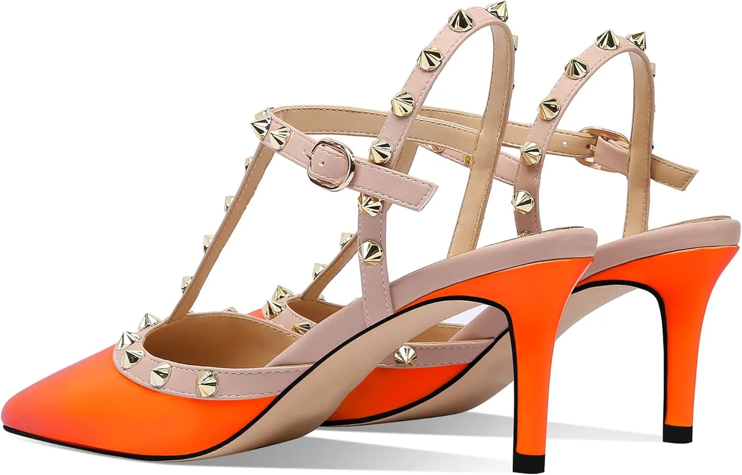 MIRAAZZURRA Women Heeled Sandals Rivet Studded T-Strap Wedding Shoes Stiletto High Heels Pointed Toe Slip On Bridal Pumps for Women
