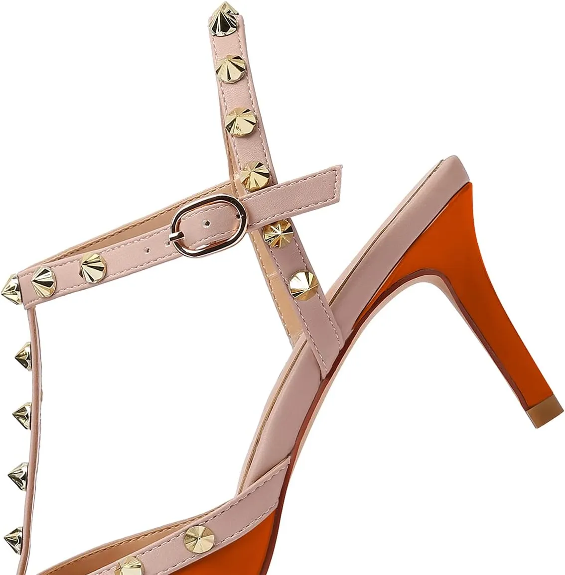 MIRAAZZURRA Women Heeled Sandals Rivet Studded T-Strap Wedding Shoes Stiletto High Heels Pointed Toe Slip On Bridal Pumps for Women