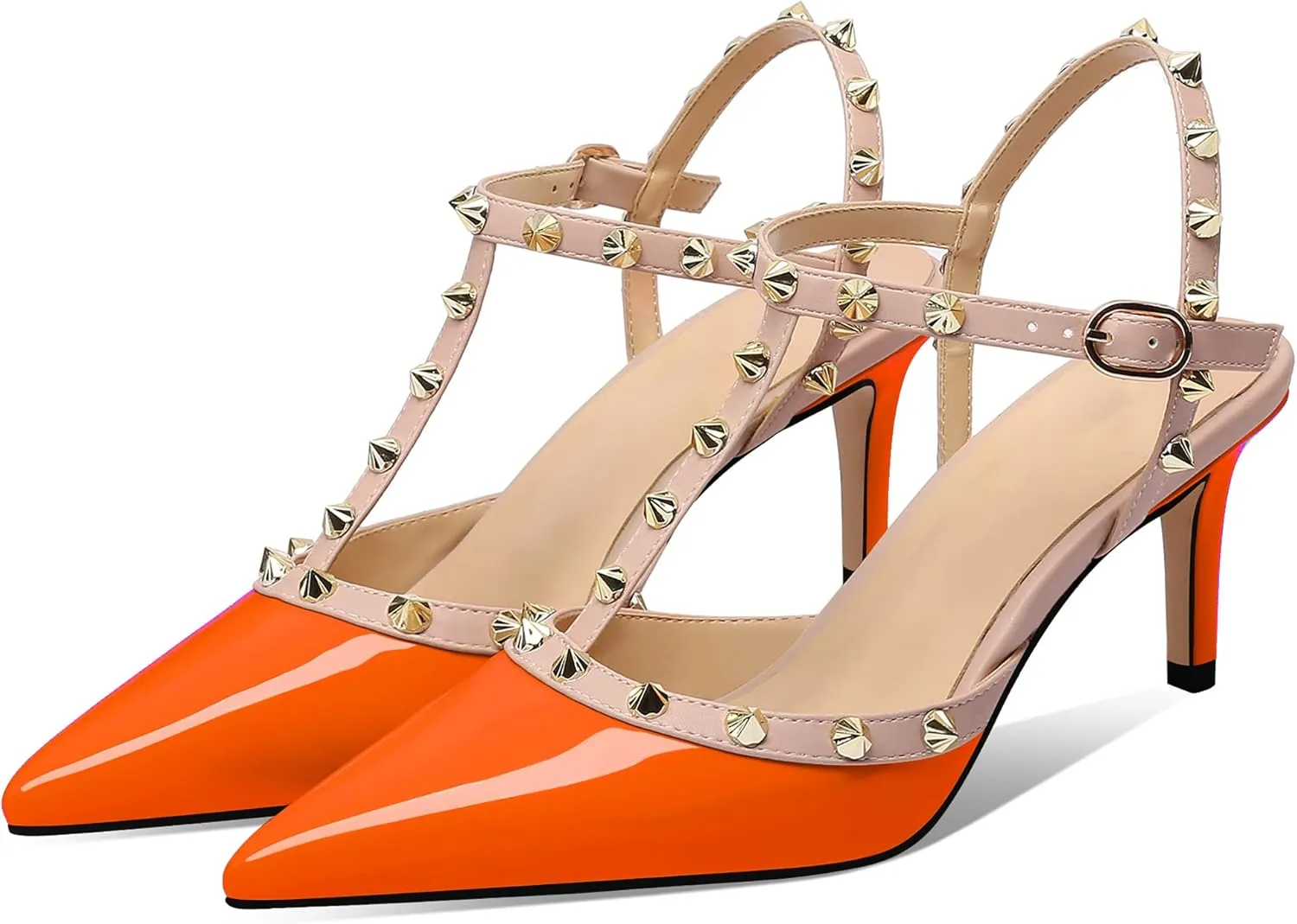 MIRAAZZURRA Women Heeled Sandals Rivet Studded T-Strap Wedding Shoes Stiletto High Heels Pointed Toe Slip On Bridal Pumps for Women