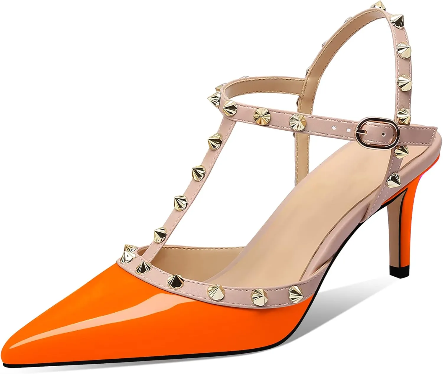 MIRAAZZURRA Women Heeled Sandals Rivet Studded T-Strap Wedding Shoes Stiletto High Heels Pointed Toe Slip On Bridal Pumps for Women