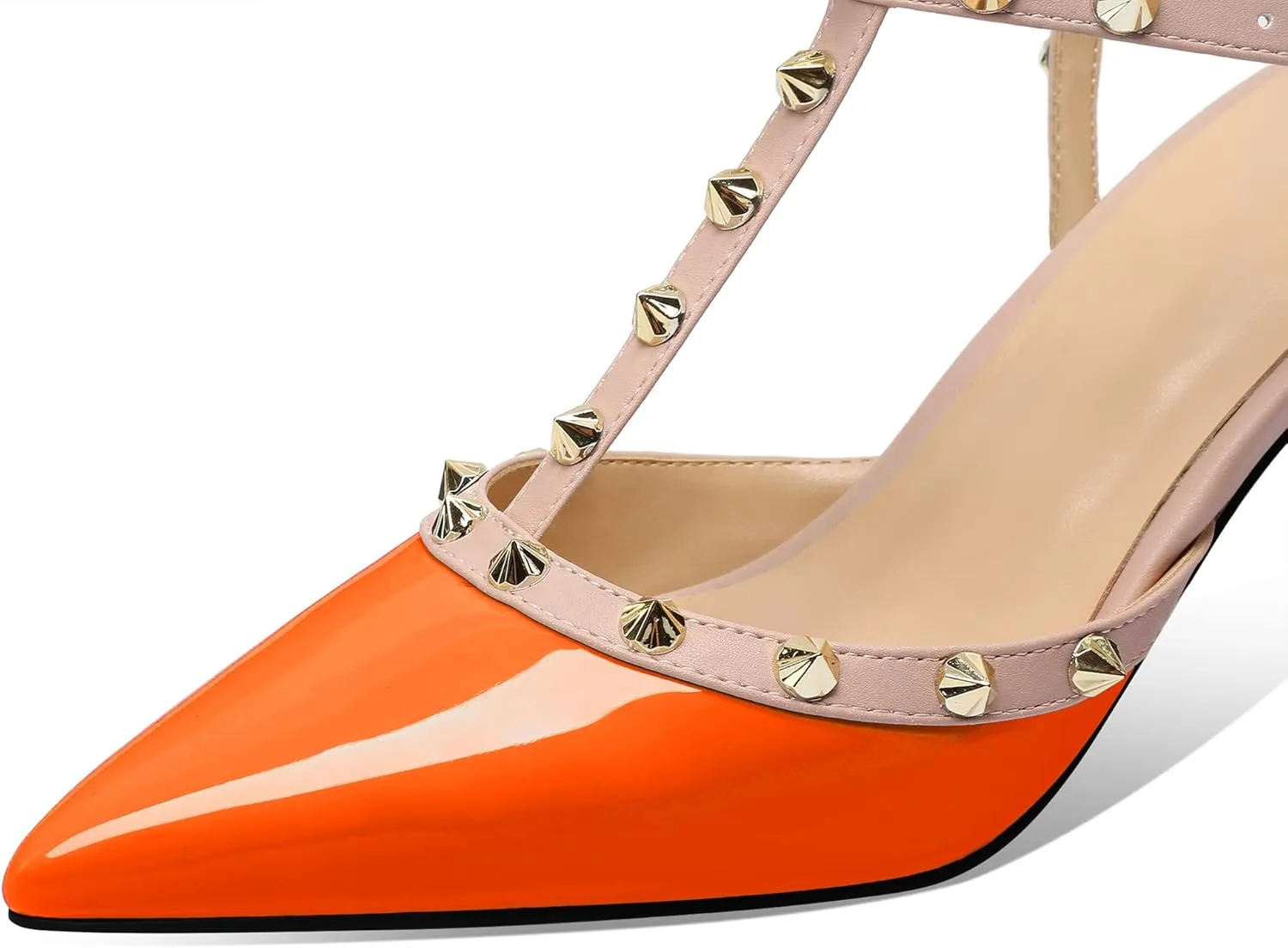 MIRAAZZURRA Women Heeled Sandals Rivet Studded T-Strap Wedding Shoes Stiletto High Heels Pointed Toe Slip On Bridal Pumps for Women