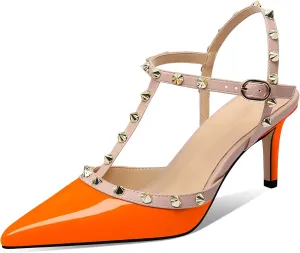 MIRAAZZURRA Women Heeled Sandals Rivet Studded T-Strap Wedding Shoes Stiletto High Heels Pointed Toe Slip On Bridal Pumps for Women