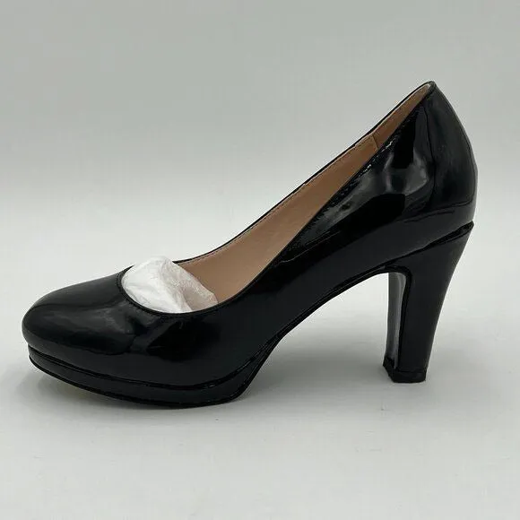 Miss left Black Low Platform High Chunky Heel Closed Round Toe Pump Elegant Shoe