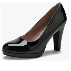 Miss left Black Low Platform High Chunky Heel Closed Round Toe Pump Elegant Shoe