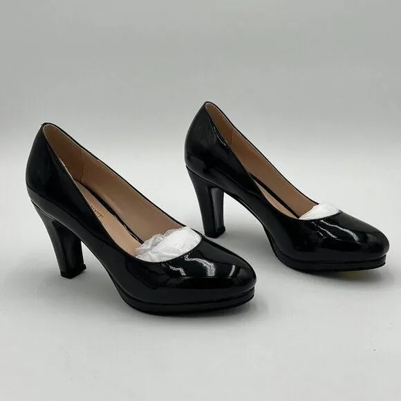 Miss left Black Low Platform High Chunky Heel Closed Round Toe Pump Elegant Shoe