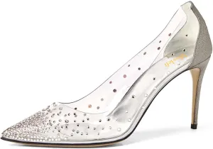 miss left Womens Closed Pointy Toe Stiletto Heel Pumps Mid High Heeled Slip On Rhinestones Shoes for Daily Party Ballroom Size 4-16 US