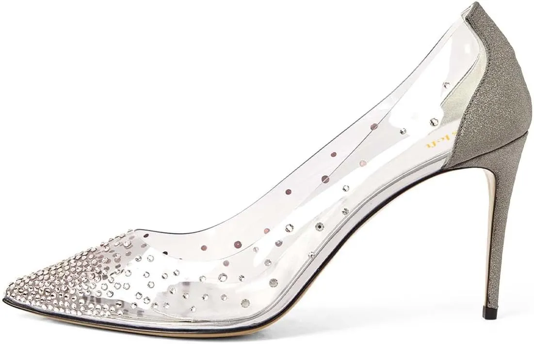 miss left Womens Closed Pointy Toe Stiletto Heel Pumps Mid High Heeled Slip On Rhinestones Shoes for Daily Party Ballroom Size 4-16 US