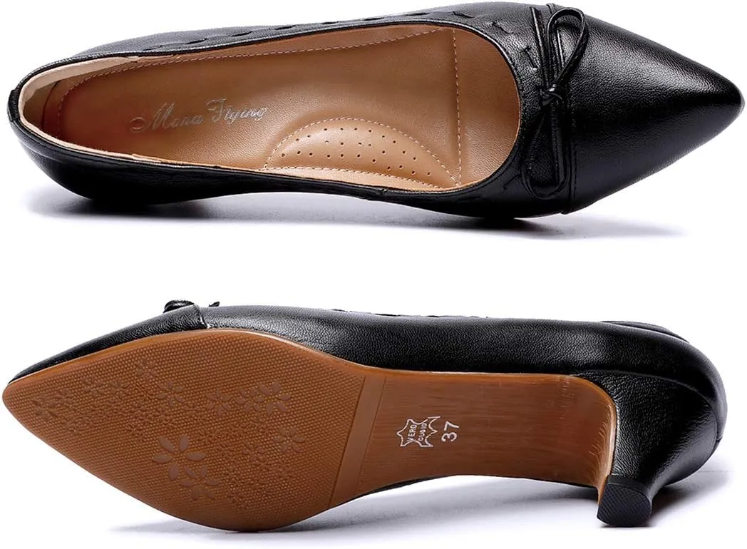 Mona flying Womens Leather Elegant Pointed Toe Bowknot Pumps Ladies Kitten Heels Dressy Casual Office Work Shoes