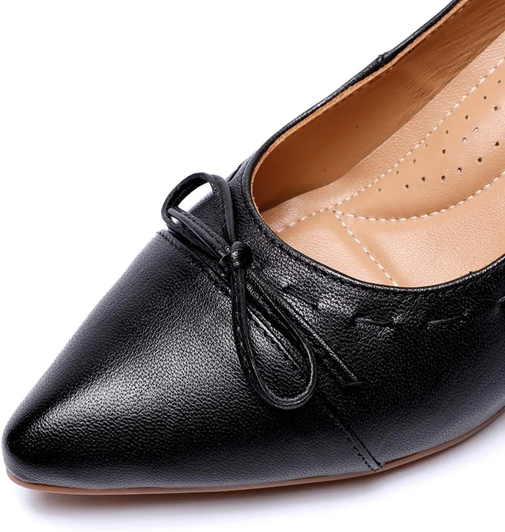 Mona flying Womens Leather Elegant Pointed Toe Bowknot Pumps Ladies Kitten Heels Dressy Casual Office Work Shoes