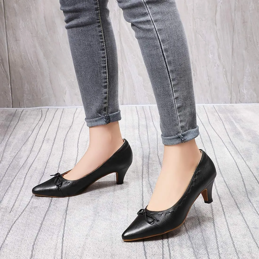 Mona flying Womens Leather Elegant Pointed Toe Bowknot Pumps Ladies Kitten Heels Dressy Casual Office Work Shoes