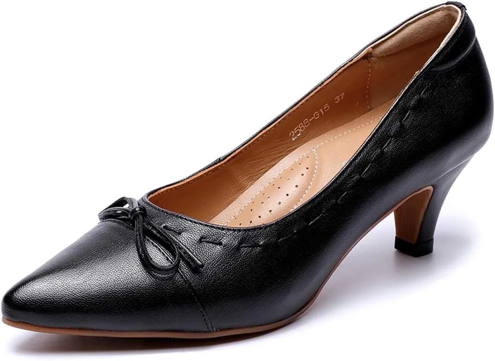 Mona flying Womens Leather Elegant Pointed Toe Bowknot Pumps Ladies Kitten Heels Dressy Casual Office Work Shoes