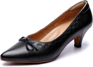 Mona flying Womens Leather Elegant Pointed Toe Bowknot Pumps Ladies Kitten Heels Dressy Casual Office Work Shoes