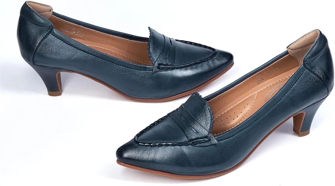 Mona flying Women's Leather Pump Med Heel Pointed Toe Office Dress Shoes for Ladies