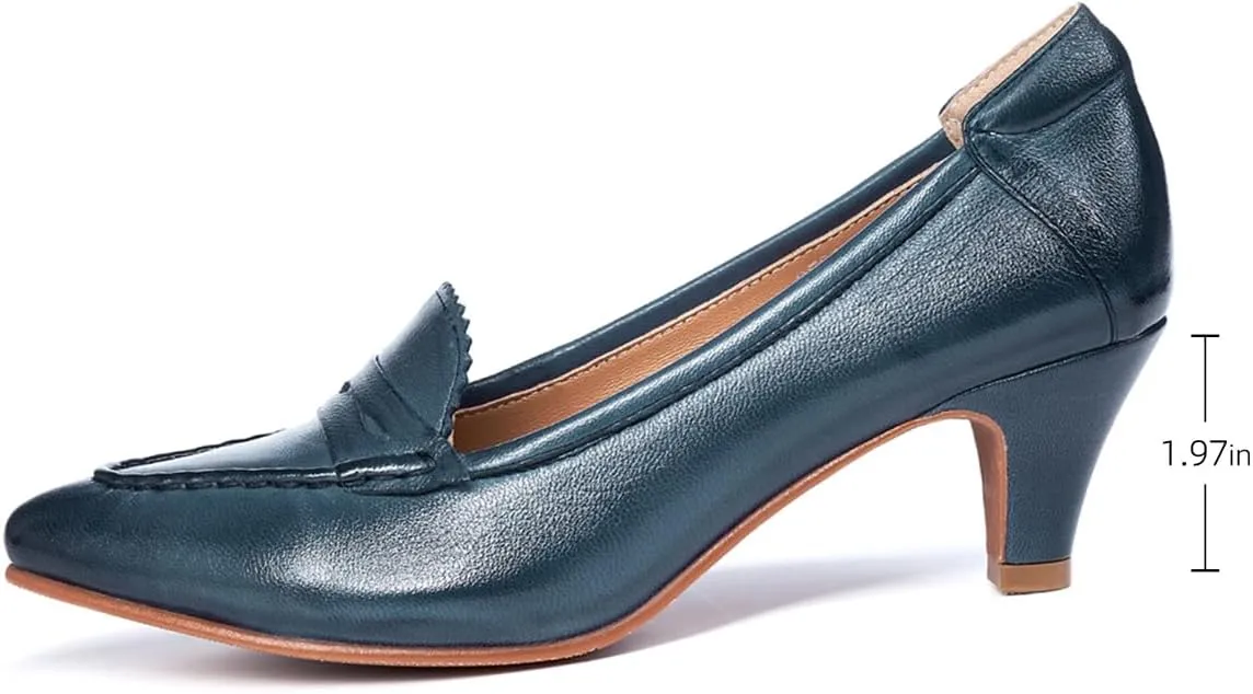 Mona flying Women's Leather Pump Med Heel Pointed Toe Office Dress Shoes for Ladies