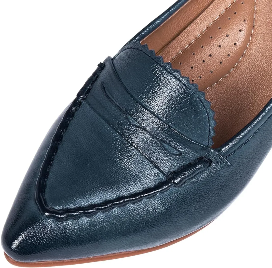 Mona flying Women's Leather Pump Med Heel Pointed Toe Office Dress Shoes for Ladies
