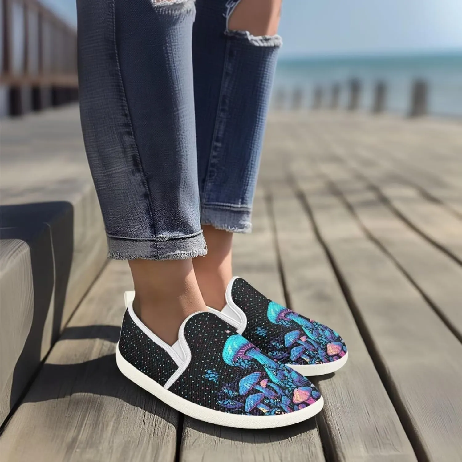Mushroom Design Running Shoes Flats for Women Tennis Shoes Slip Resistant Work Shoes