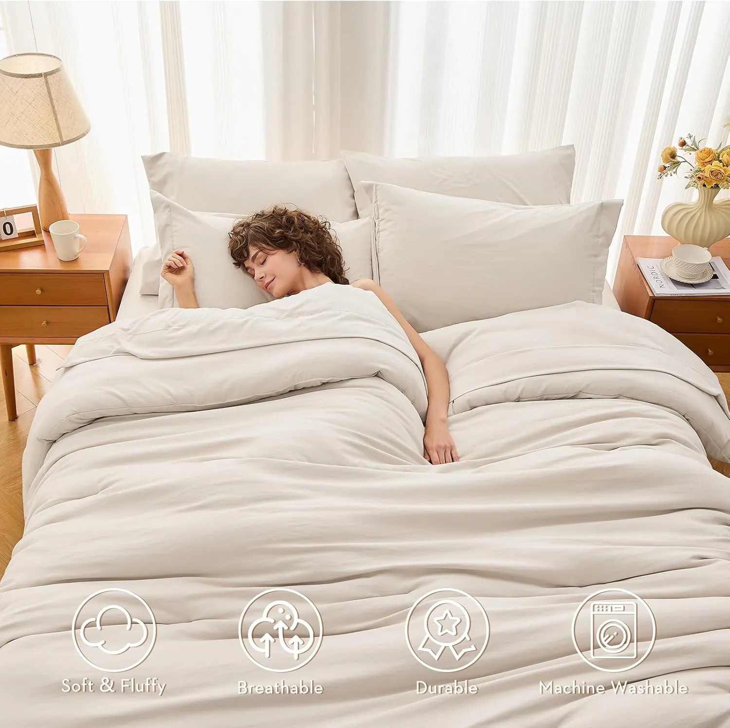 MUXHOMO 7 Pieces Queen Comforter Set, Soft Bed in a Bag Queen Size, All Season Bedding Set with Comforter, Flat Sheet, Fitted Sheet, Pillowcases & Shams, Beige