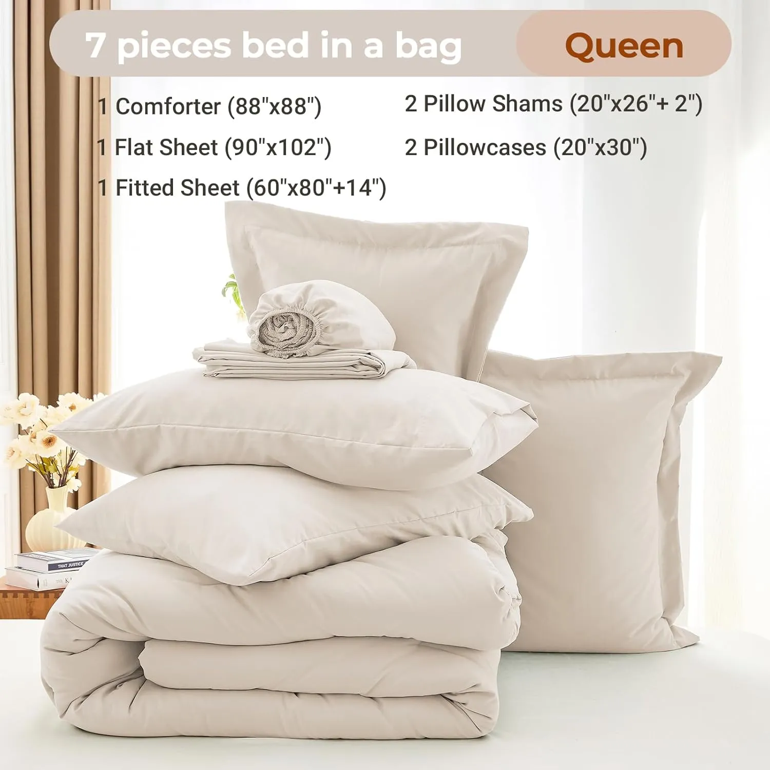 MUXHOMO 7 Pieces Queen Comforter Set, Soft Bed in a Bag Queen Size, All Season Bedding Set with Comforter, Flat Sheet, Fitted Sheet, Pillowcases & Shams, Beige