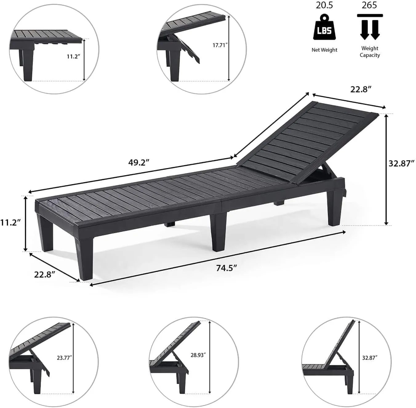 Nestl Lounge Chair Outdoor - Waterproof Outdoor Chaise Lounge Chair, Adjustable Lawn Chairs, Lightweight Black Patio Lounge Chair