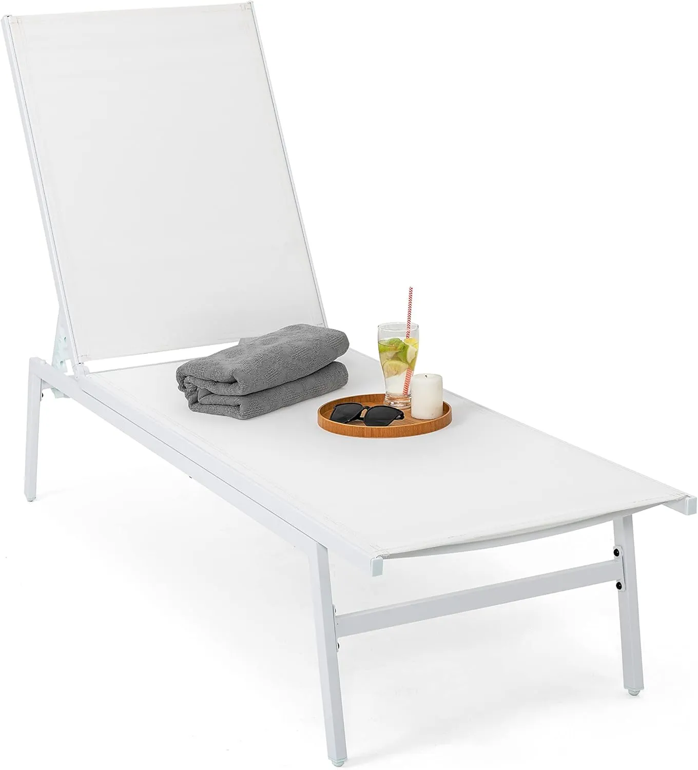 NUU GARDEN Patio Chaise Lounge Outdoor All-Flat 6 Positions Chaise Lounge Chairs All Weather Textile Fabric for Outside, Patio, Garden, Poolside, Beach, White
