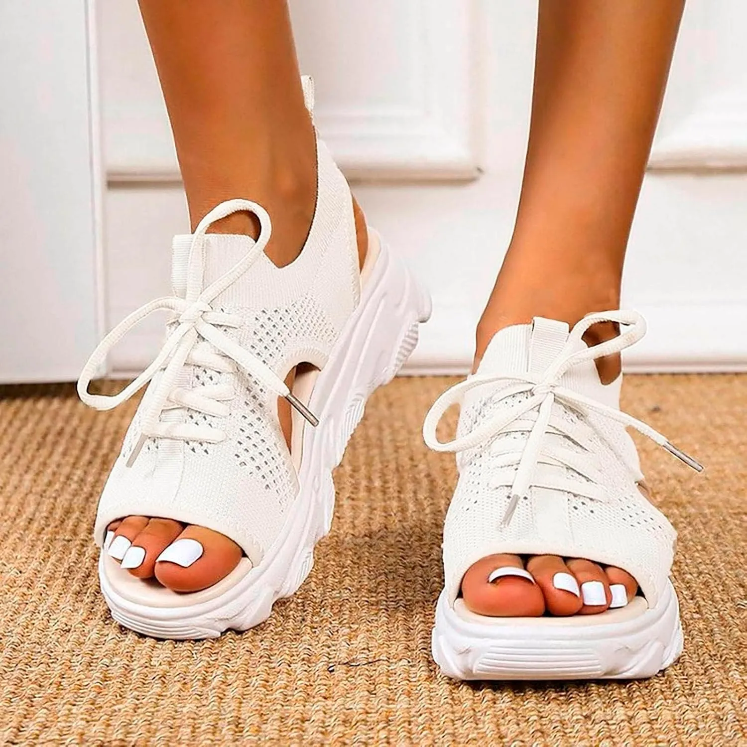 Open Toe Tennis Shoes 2025 Women's Hollow Out Platform Wedge Sandals Cutout Mesh Thick Soled Lace Up Flats Platform Sneaker Sandals Comfortable Outdoor Shoes