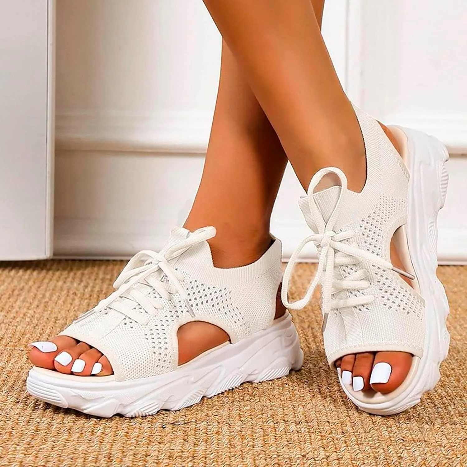 Open Toe Tennis Shoes 2025 Women's Hollow Out Platform Wedge Sandals Cutout Mesh Thick Soled Lace Up Flats Platform Sneaker Sandals Comfortable Outdoor Shoes