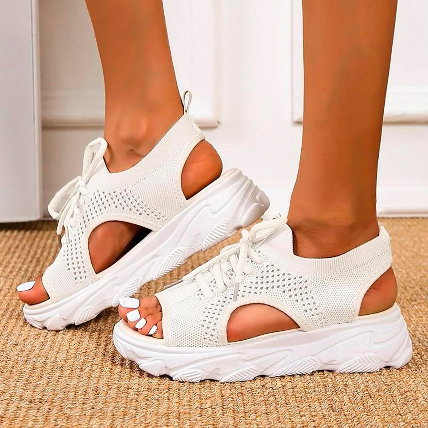 Open Toe Tennis Shoes 2025 Women's Hollow Out Platform Wedge Sandals Cutout Mesh Thick Soled Lace Up Flats Platform Sneaker Sandals Comfortable Outdoor Shoes