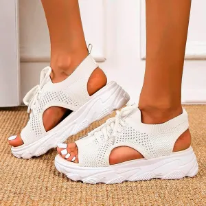 Open Toe Tennis Shoes 2025 Women's Hollow Out Platform Wedge Sandals Cutout Mesh Thick Soled Lace Up Flats Platform Sneaker Sandals Comfortable Outdoor Shoes