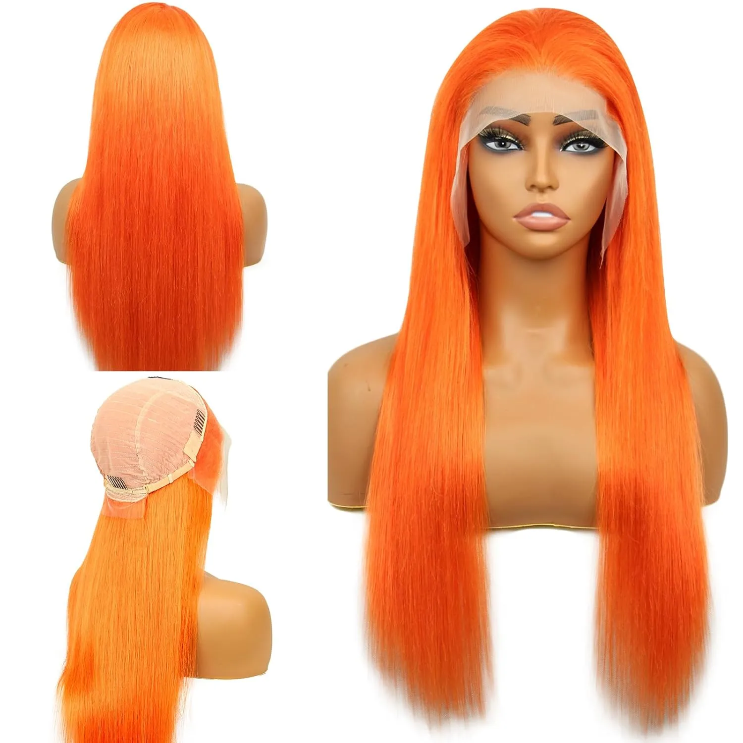 Orange Lace Front Human Hair Wig Orange Straight 13x4 Lace Front Wigs Human Hair with Baby Hair 180% Density for Daily Cosplay Party Holiday Wigs(30inches)