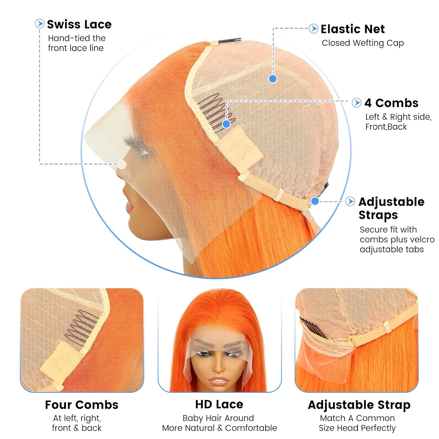 Orange Lace Front Human Hair Wig Orange Straight 13x4 Lace Front Wigs Human Hair with Baby Hair 180% Density for Daily Cosplay Party Holiday Wigs(30inches)