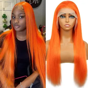 Orange Lace Front Human Hair Wig Orange Straight 13x4 Lace Front Wigs Human Hair with Baby Hair 180% Density for Daily Cosplay Party Holiday Wigs(30inches)