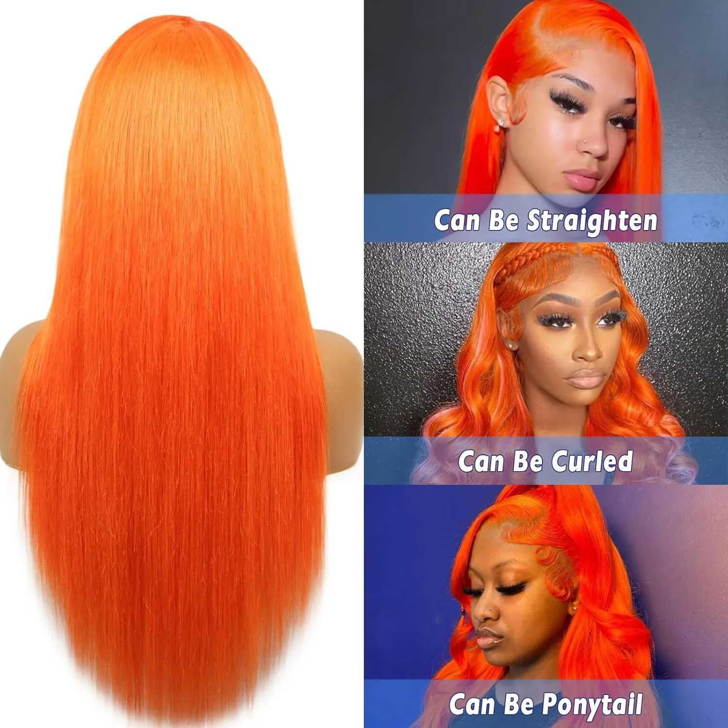 Orange Lace Front Human Hair Wig Orange Straight 13x4 Lace Front Wigs Human Hair with Baby Hair 180% Density for Daily Cosplay Party Holiday Wigs(30inches)