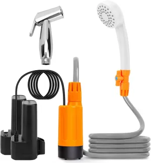 Outdoor Camp Shower Head with 2 Batteries,Handheld USB Rechargeable with 5.9ft Hose, 80min Working Time, 2 Waterflow Settings, Red Blue Indicator Light, Rotating Valve