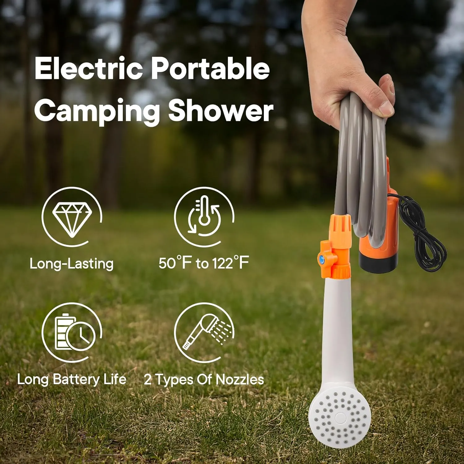 Outdoor Camp Shower Head with 2 Batteries,Handheld USB Rechargeable with 5.9ft Hose, 80min Working Time, 2 Waterflow Settings, Red Blue Indicator Light, Rotating Valve