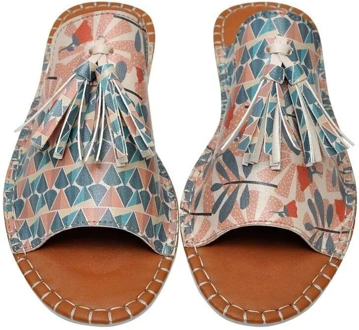 Personalize Your Life Pine - Printed Flat Slide Slippers - Tassel Detail - Everyday Fashion - Chic, Elegant, and Casual Style - Vegan, Environmentally Friendly and Handmade - Breathable Content