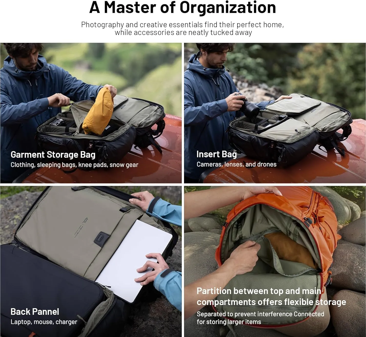 PGYTECH OnePro Flex Backpack 40L Camera Insert Bag M, Fits DSLR/SLR/Mirrorless Cameras/Lenses and Other Gear, Lightweight Outdoor Hiking Bundle for Photography, Travel Bag with Laptop Compartment