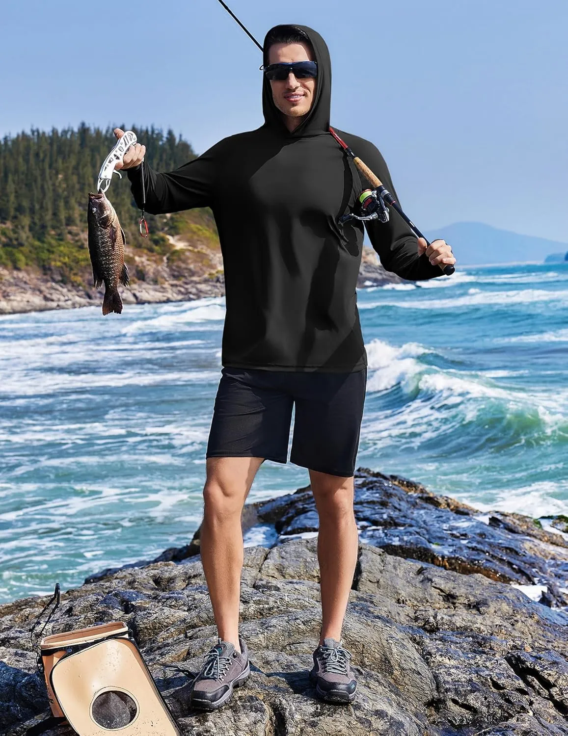 PINSPARK Men's UPF 50  Long Sleeve Rash Guard - Sun Protection Hoodie UV SPF Fishing Shirt for Athletic Running Swim Hiking