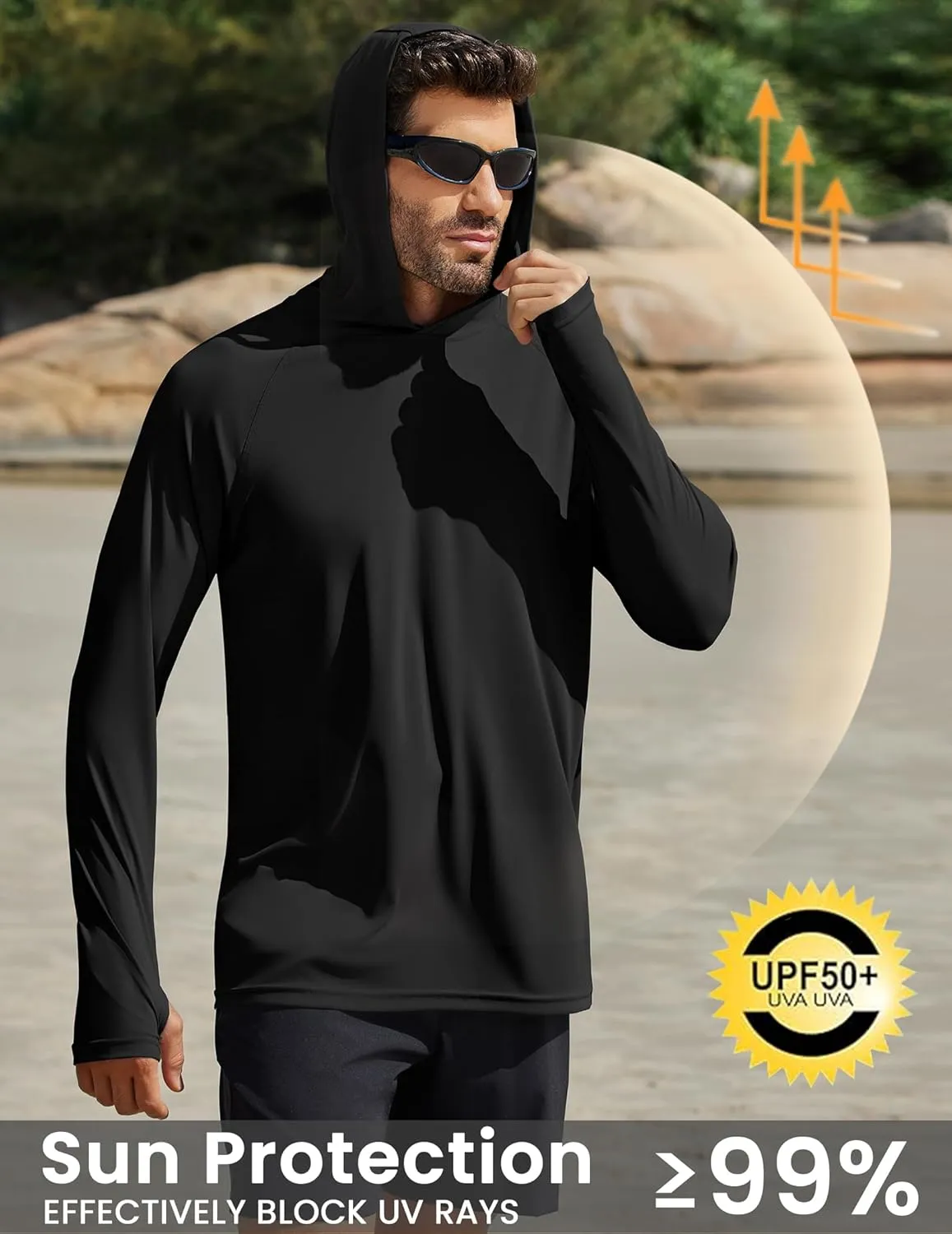 PINSPARK Men's UPF 50  Long Sleeve Rash Guard - Sun Protection Hoodie UV SPF Fishing Shirt for Athletic Running Swim Hiking