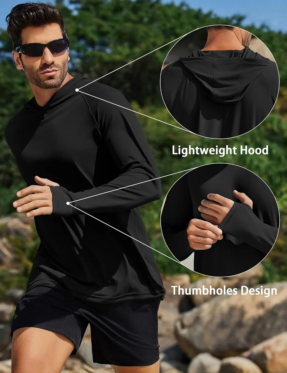 PINSPARK Men's UPF 50  Long Sleeve Rash Guard - Sun Protection Hoodie UV SPF Fishing Shirt for Athletic Running Swim Hiking